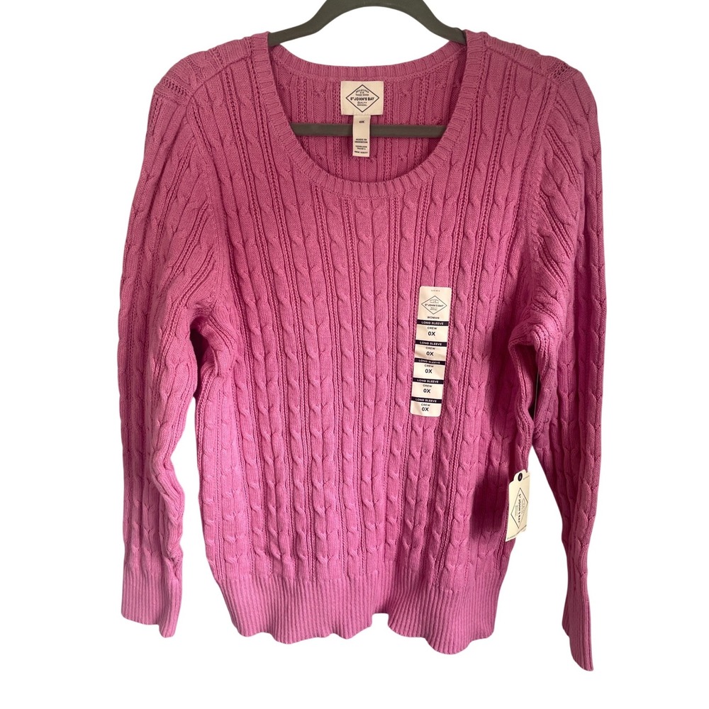 St‎ Johns Bay Womens Pink Cable Knit Crew Neck Sweater NWT 0X Plus Size
